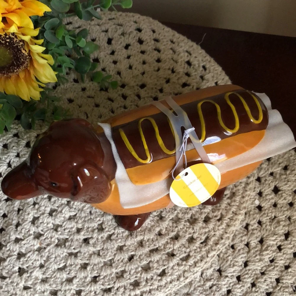 Dachshund Hot Dog Treat Cookie Jar - Brown and Yellow Ceramic